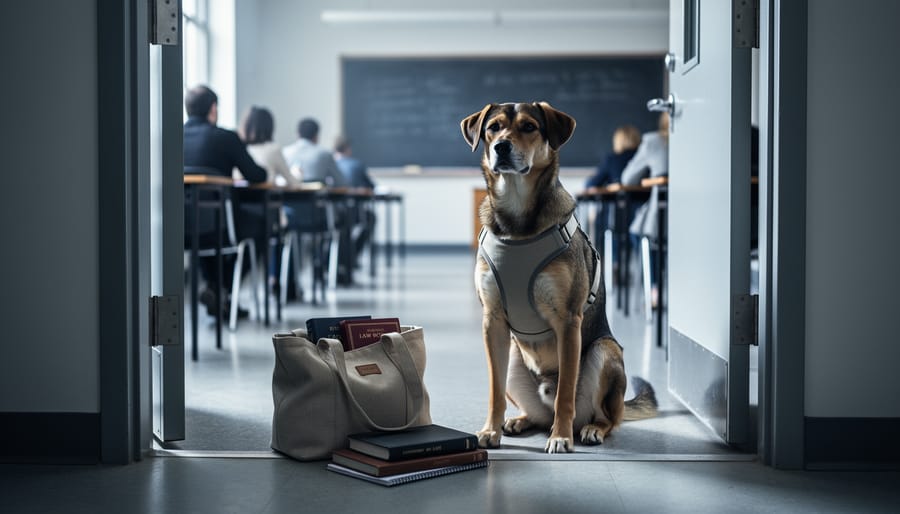 Foreground shows a calm dog near a law school classroom entrance while students and desks are softly blurred in the background.