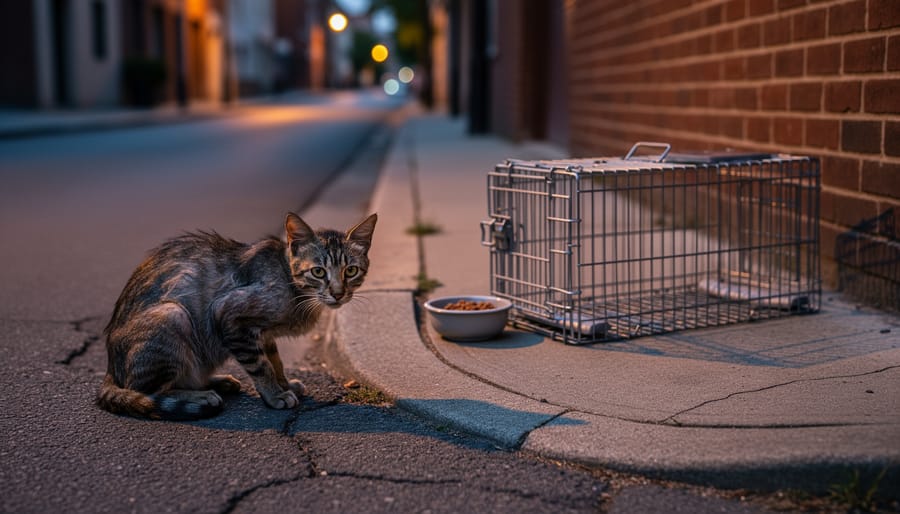 Tabby feral cat standing near a dumpster in an outdoor alleyway