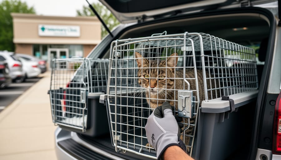 “A gloved rescuer gently holding a feral cat inside a secure humane trap in a veterinarian-bound rescue setting.”