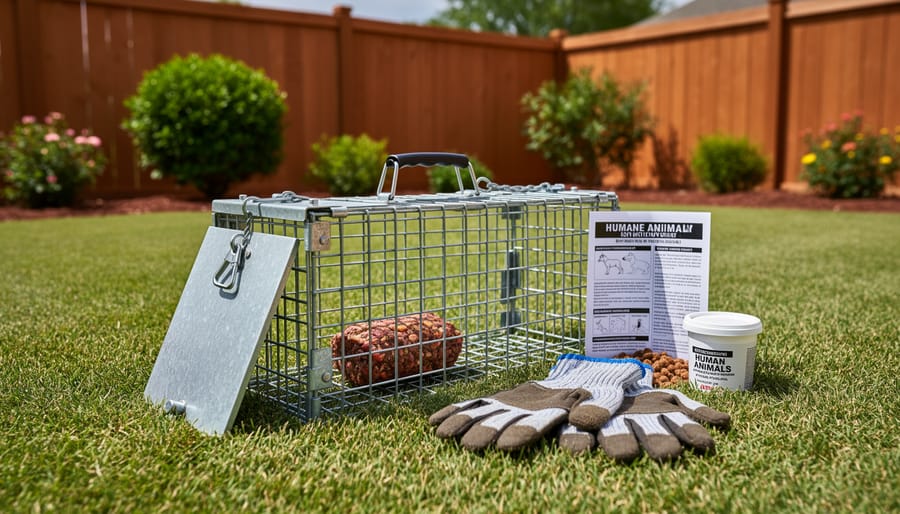 Humane live trap set on grass beside a garden wall