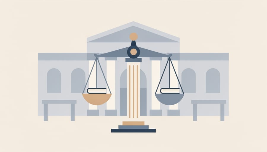 A balanced scale sculpture in a university hallway symbolizing justice and legal protection.