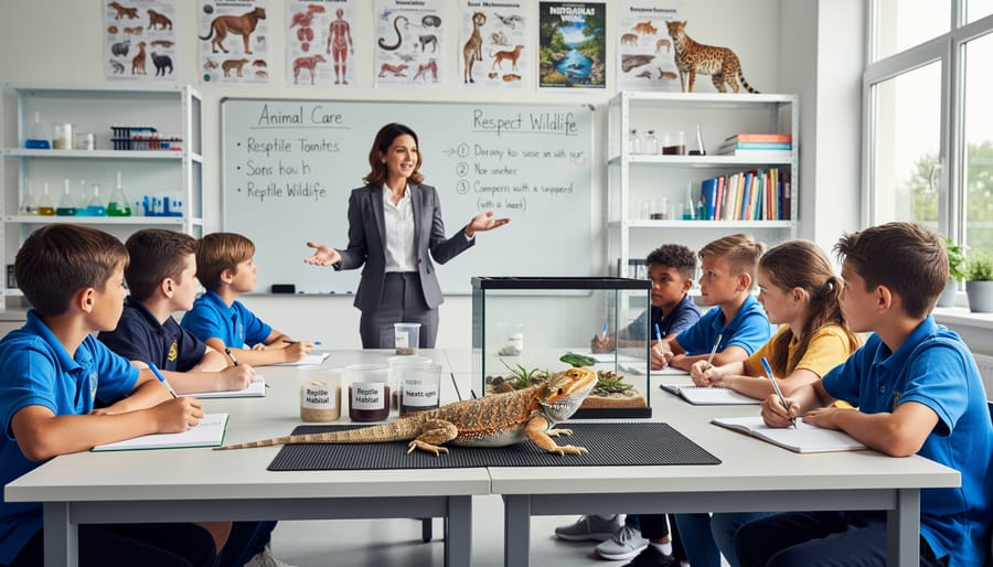 Instructor and a calm animal in a classroom demonstration environment with secure handling.