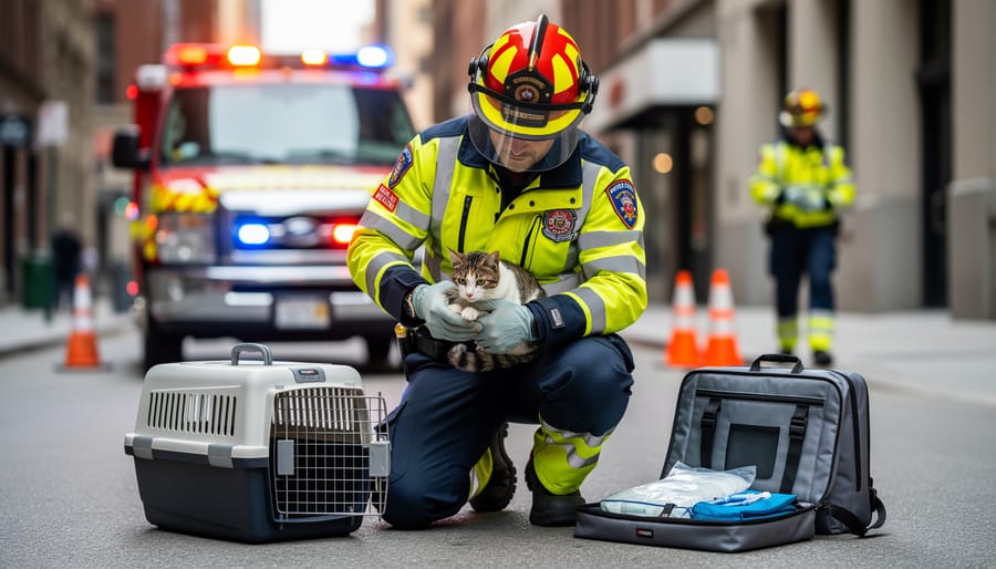 Gloved hands holding a cat carrier at a safe indoor or clinic entry area