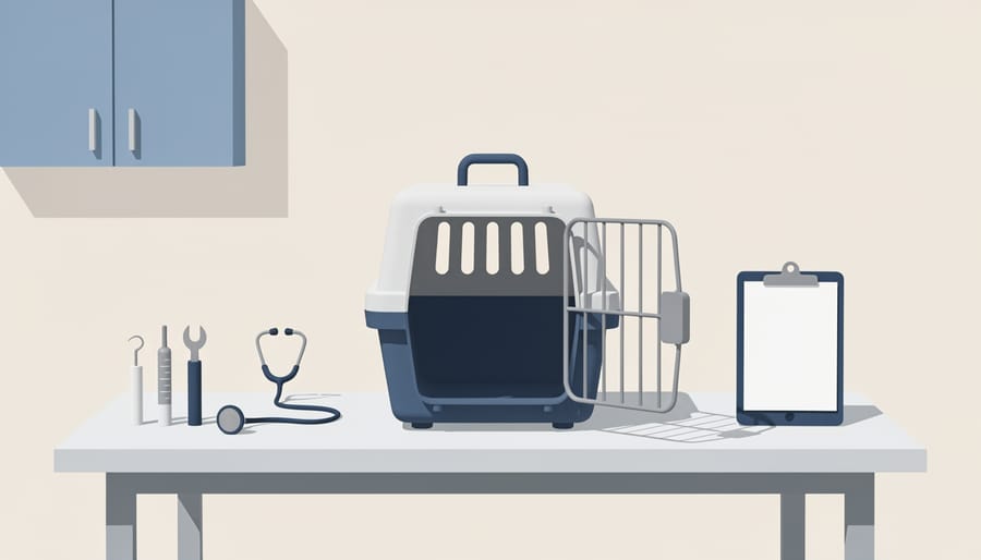 Cat transport carrier opened on a veterinary exam table in a clinic room