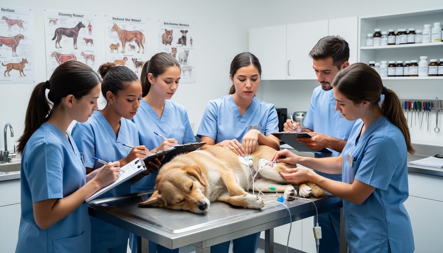 Veterinary training lab bench with a gloved instructor preparing equipment near a teaching animal.