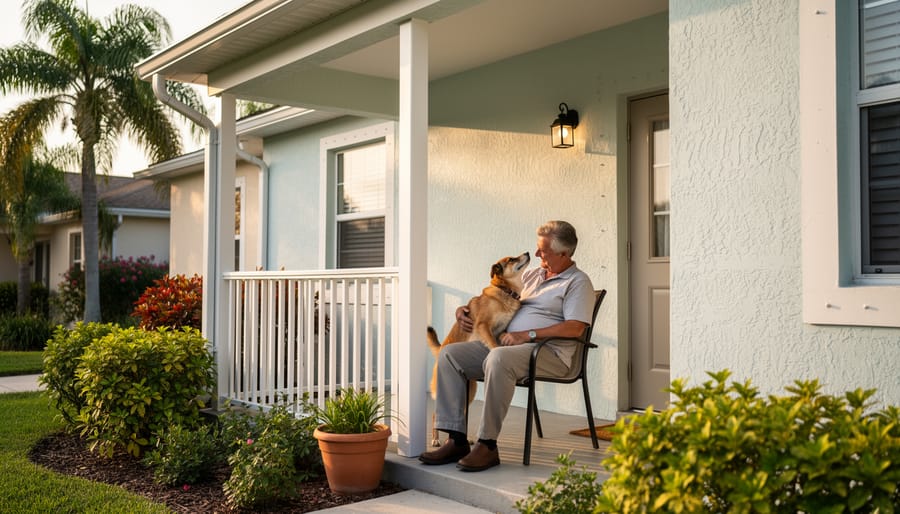 A person with a small dog companion resting on a balcony outside an apartment building