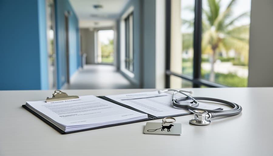 A leasing office desk with legal paperwork and a stethoscope, representing Florida requirements for emotional support animal documentation in housing.