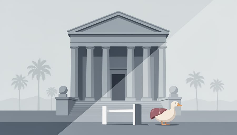 View of a California courthouse entrance with stone columns and steps under soft foggy lighting