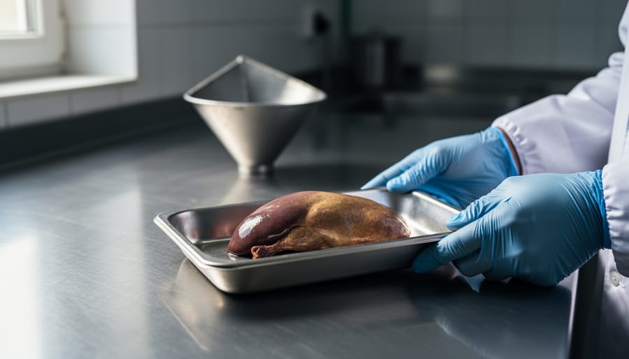 Gloved hands holding a foie gras liver on a tray in an inspection-like setting, with a blurred feed funnel silhouette in the background to suggest the force-feeding prohibition.