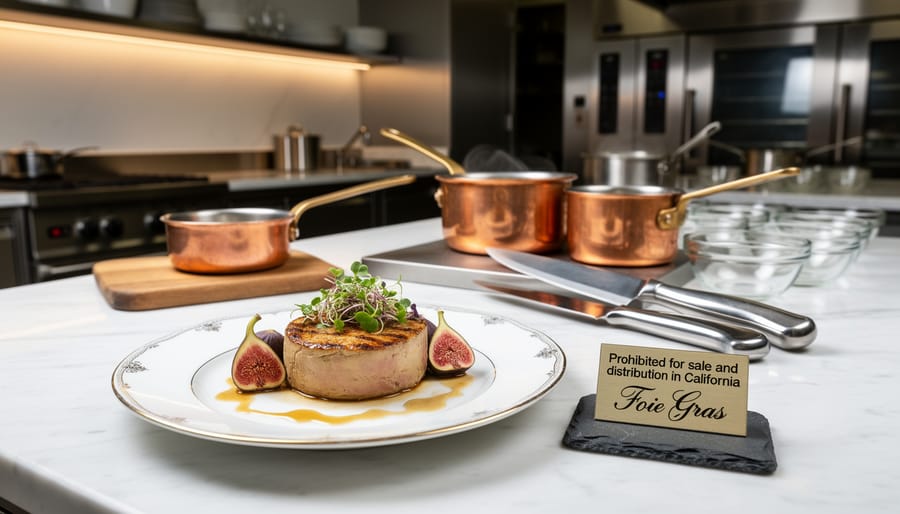 Foie gras pieces on a plate with stainless-steel kitchen tools on a butcher counter