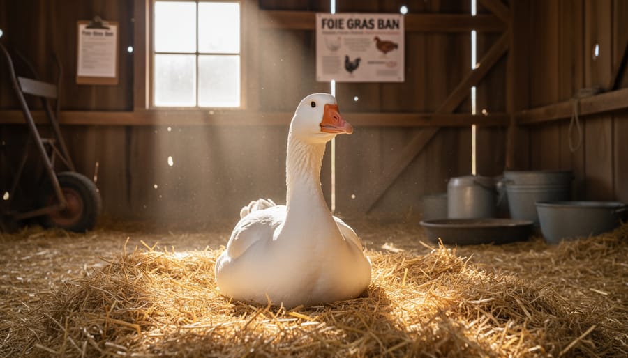 A goose standing on straw bedding inside a barn stall under soft natural light