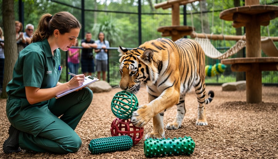 A zoo keeper adjusting an enrichment device near a snow leopard enclosure.