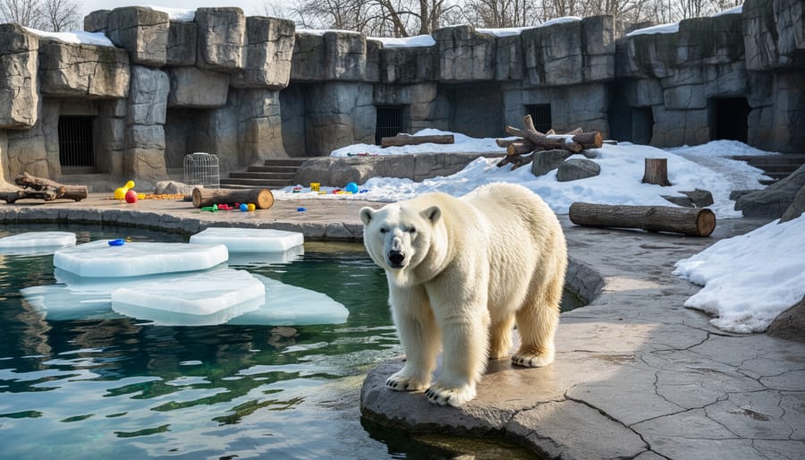 A polar bear in a spacious modern zoo habitat with ice-like flooring and a shallow pool.