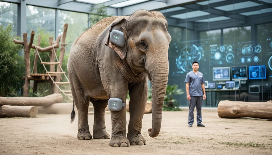 “An elephant in a modern zoo enclosure with subtle sensor monitoring implied by equipment glow in the blurred background, representing animal welfare and emerging technology.”